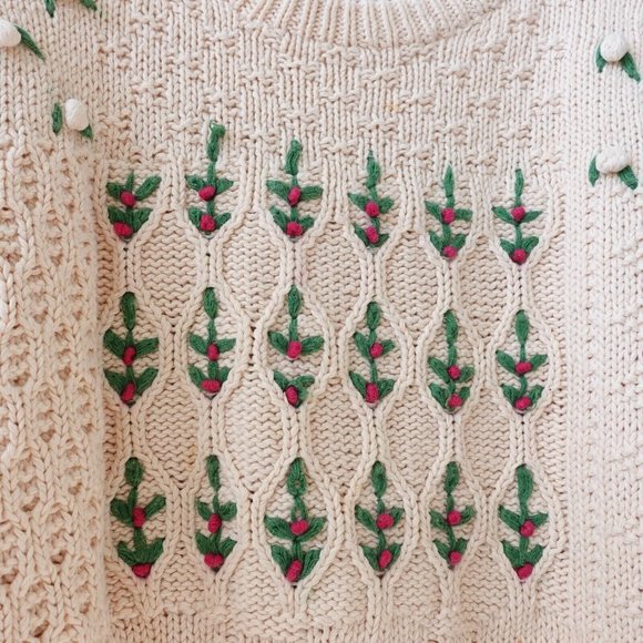 VINTAGE Orvis Sweater Medium Cream Fisherman Cable Knit Floral Grandmacore 90s - Picture 14 of 16